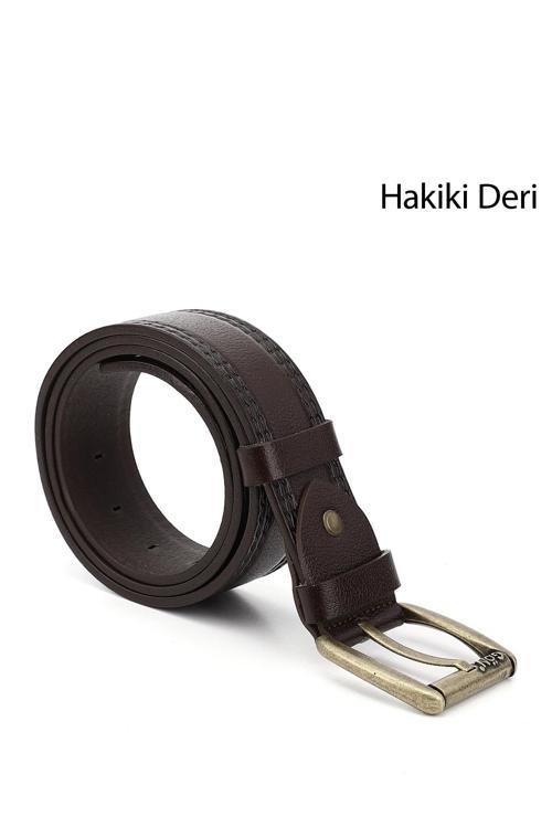 Erkek Kahve Antik Hakiki Deri 4,5 Cm Dikişli Kot Kemeri