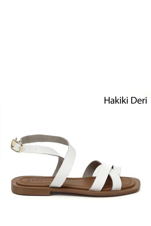 Kadın Beyaz Parmak Arası Bilek Bağlı Hakiki Deri Sandalet