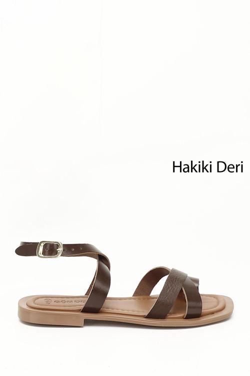 Kadın Kahverengi Parmak Arası Bilek Bağlı Hakiki Deri Sandalet