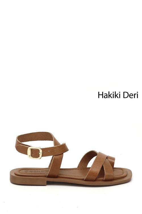 Kadın Taba Parmak Arası Bilek Bağlı Hakiki Deri Sandalet