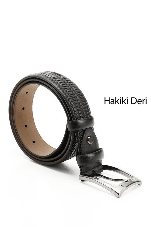 Erkek Siyah Hakiki Deri 3,5 Cm Örgü Desenli Kemer