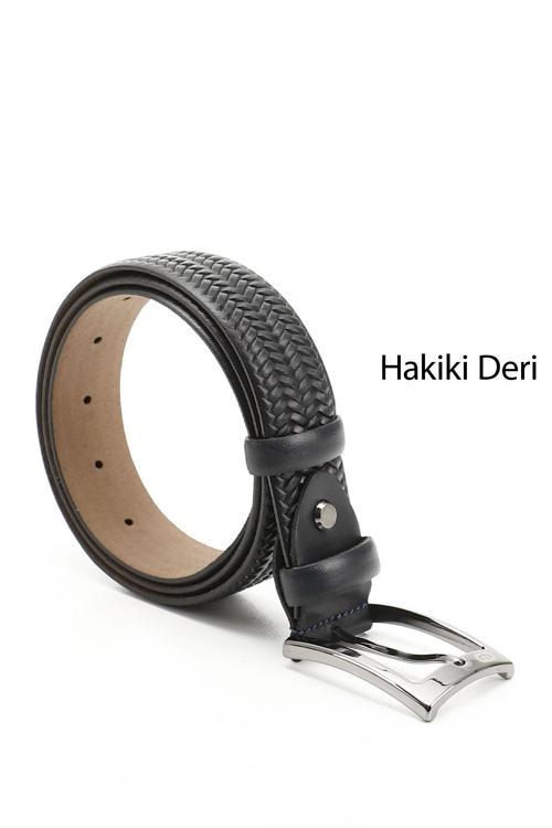 Erkek Lacivert Antik Hakiki Deri 3,5 Cm Örgü Desenli Kemer