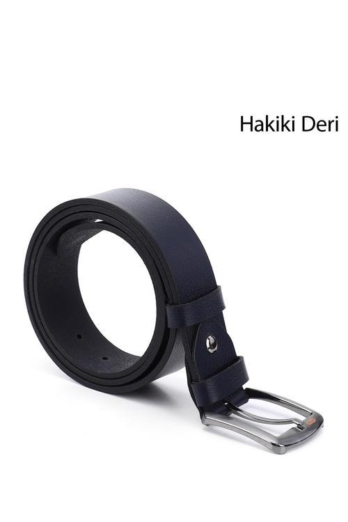 Erkek Lacivert Antik Hakiki Deri 4 Cm Kot Kemeri