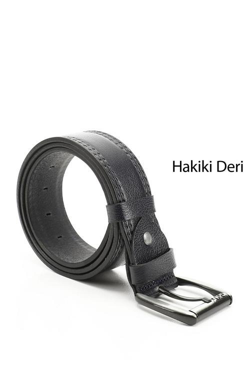 Erkek Lacivert Antik Hakiki Deri 4,5 Cm Dikişli Kot Kemeri
