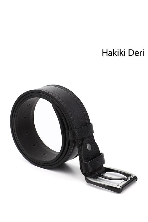 Erkek Siyah Hakiki Deri 4,5 Cm Dikişli Kot Kemeri