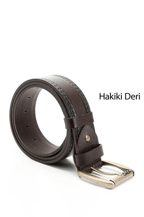 Erkek Kahve Antik Hakiki Deri 4,5 Cm Dikişli Kot Kemeri