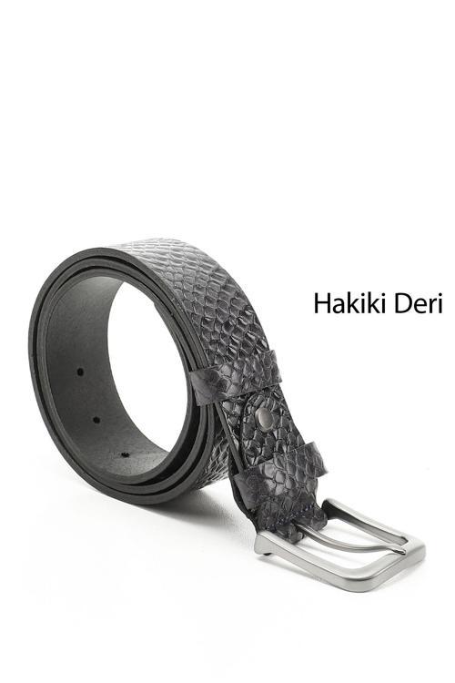 Erkek Lacivert Antik Hakiki Deri 4 Cm Baskılı Kot Kemeri