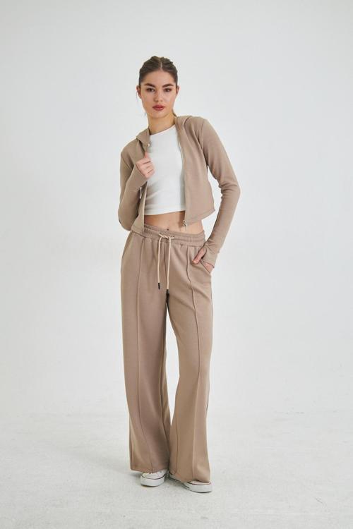 Fermuarlı Kapüşonlu Sweatshirt ve Geniş Paça Özel Dikim Pantolon Modal Kumaş