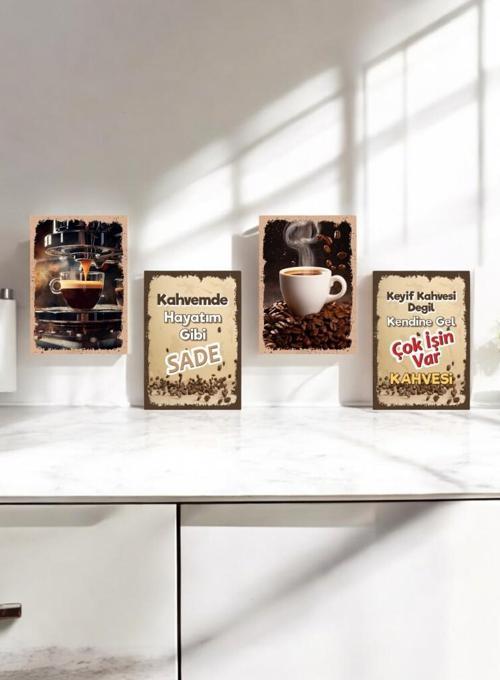 4 Parça Dekoratif A4 Mdf Tablo, Cafe Tabloları , Kahve Köşesi Tabloları , Duvar Tabloları , Çerçeve Görünümlü Dekoratif 