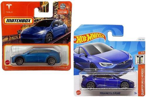 2 Araç Mavi Tesla Set - Hot Wheels Tesla Model S Plaid & Matchbox Tesla Model Y (1/64)