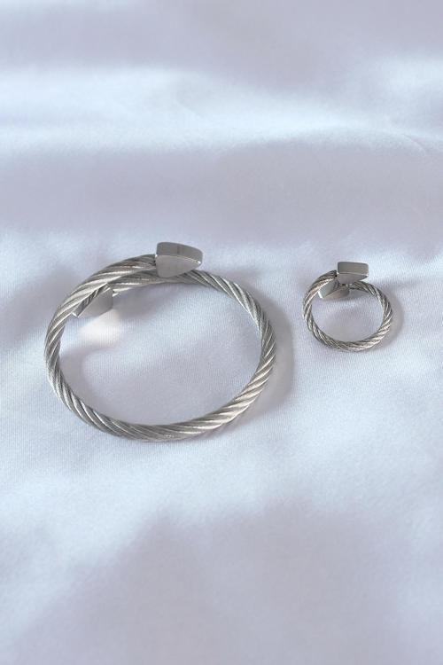 Bakımlı Erkek için Silver Çelik Burgu Bileklik Yüzük Seti