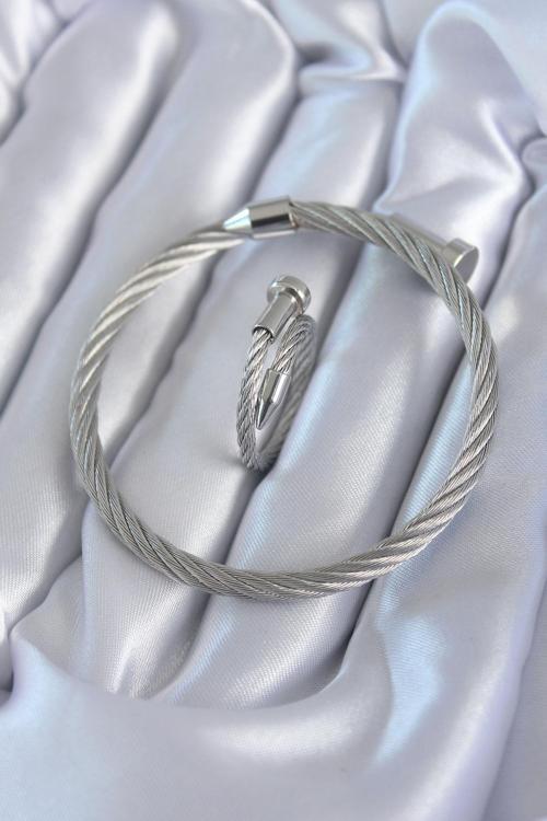 Bakımlı Erkek için Silver Çelik Sarılmış Bileklik Yüzük Seti