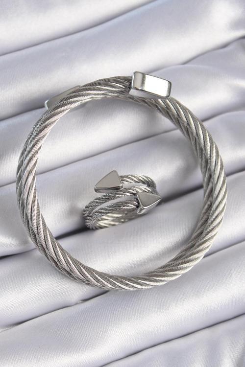 Bakımlı Erkek için Silver Çelik Sarmal Bileklik Yüzük Seti