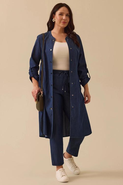 Galaxi Kadın Büyük Beden Cepli Katlanabilir Kollu Jean Tunik 4005 Indigo