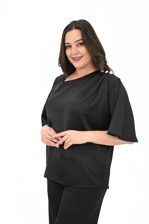 Kadın Büyük Beden Metal Düğme Detaylı Bluz 1862-25