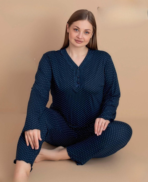 Kadın Büyük Beden Dantel Yaka Bambu Uzun Kol İnce Pijama Takımı 5543 - 1 Adet