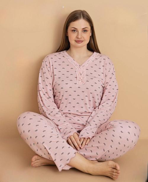 Kadın Büyük Beden Dantel Yaka Bambu Uzun Kol İnce Pijama Takımı 5673 - 1 Adet