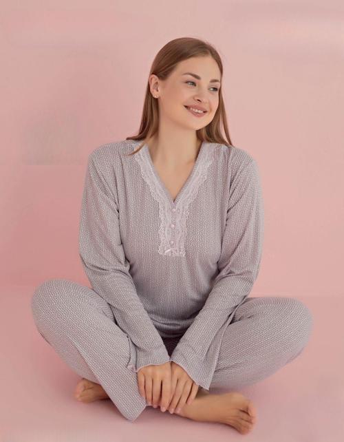 Kadın Büyük Beden Dantel Yaka Bambu Uzun Kol Pijama Takımı 5069 - 1 Adet Gri-Pembe-4XL