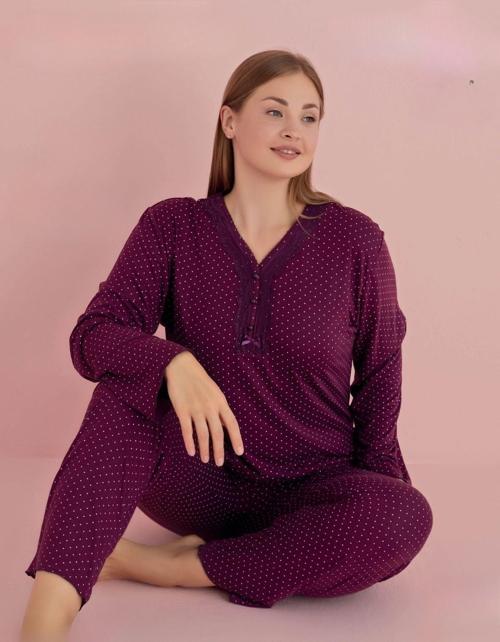 Kadın Büyük Beden Dantel Yaka Bambu Uzun Kol Pijama Takımı 5067 - 1 Adet Vişne-4XL