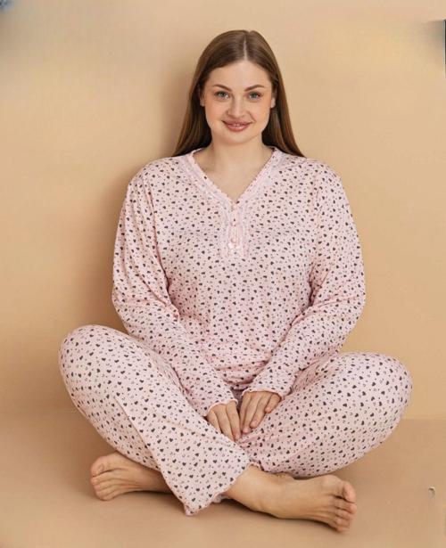Kadın Büyük Beden Dantel Yaka Bambu Uzun Kol İnce Pijama Takımı 5674 - 1 Adet