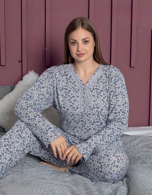 Kadın Büyük Beden Dantel Yaka Bambu Uzun Kol Pijama Takımı 5163 - 1 Adet Gri-2XL