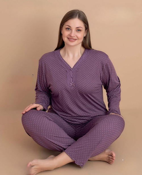 Kadın Büyük Beden Dantel Yaka Bambu Uzun Kol İnce Pijama Takımı 5546 - 1 Adet