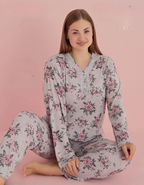 Kadın Büyük Beden Dantel Yaka Bambu Uzun Kol Pijama Takımı 5073 - 1 Adet Gri-4XL