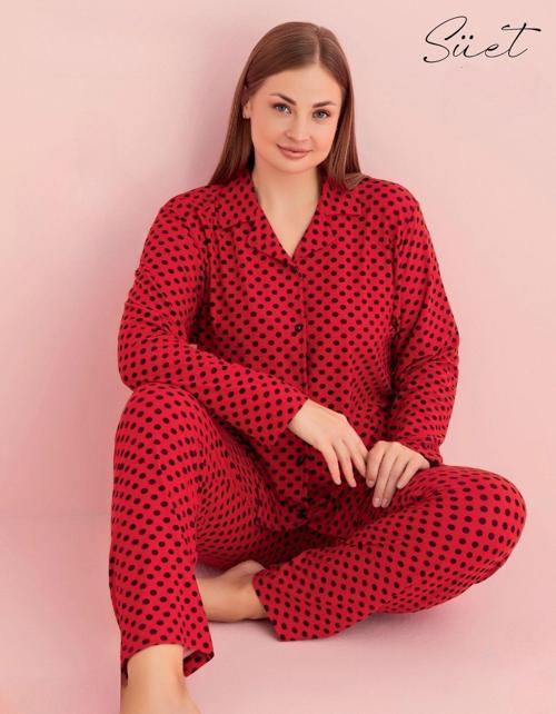 Kadın Büyük Beden Gömlek Yaka Süet Uzun Kol Pijama Takımı 5267- 1 Adet Kırmızı-2XL