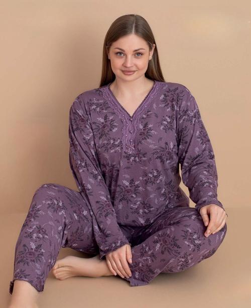 Kadın Büyük Beden Dantel Yaka Bambu Uzun Kol İnce Pijama Takımı 5548 - 1 Adet