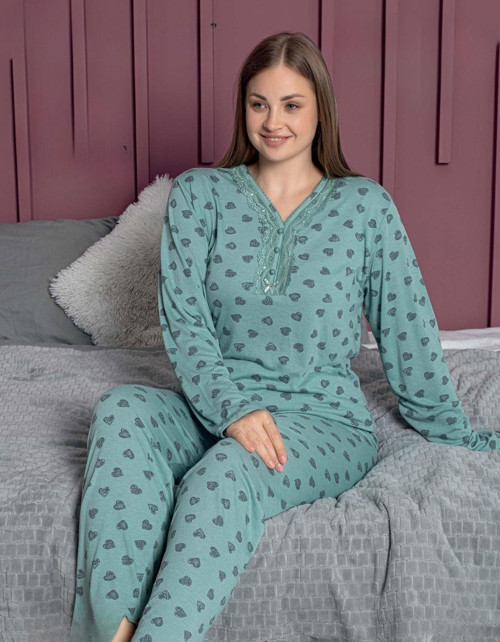 Kadın Büyük Beden Dantel Yaka Bambu Uzun Kol Pijama Takımı 5161 - 1 Adet Yeşil-5XL