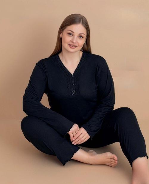 Kadın Büyük Beden Dantel Yaka Bambu Uzun Kol İnce Pijama Takımı 5544 - 1 Adet