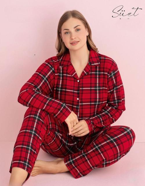 Kadın Büyük Beden Gömlek Yaka Süet Uzun Kol Pijama Takımı 5269- 1 Adet Kırmızı-2XL