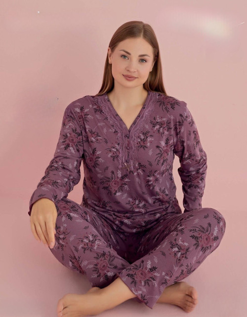 Kadın Büyük Beden Dantel Yaka Bambu Uzun Kol Pijama Takımı 5072 - 1 Adet Mürdüm-4XL