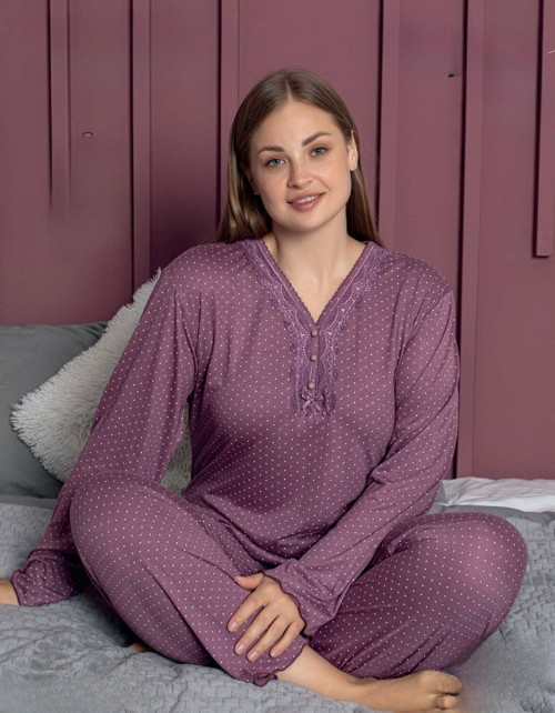 Kadın Büyük Beden Dantel Yaka Bambu Uzun Kol Pijama Takımı 5166 - 1 Adet Mürdüm-3XL