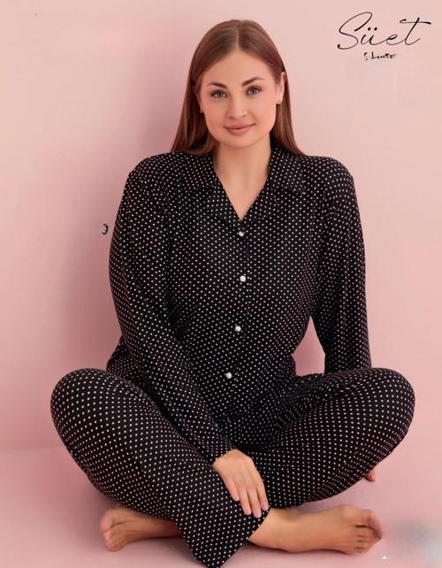 Kadın Büyük Beden Gömlek Yaka Süet Uzun Kol Pijama Takımı 5260- 1 Adet Siyah-3XL