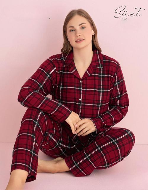 Kadın Büyük Beden Gömlek Yaka Süet Uzun Kol Pijama Takımı 5270- 1 Adet Bordo-4XL