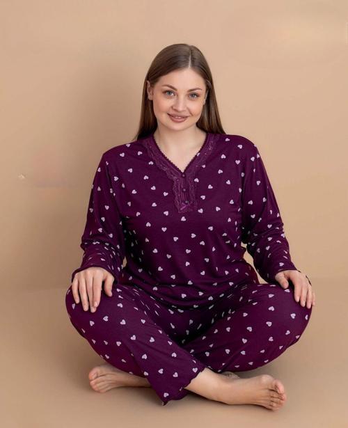 Kadın Büyük Beden Dantel Yaka Bambu Uzun Kol İnce Pijama Takımı 5542 - 1 Adet