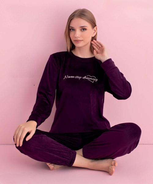 Kadın Kışlık Bisiklet Yaka Kadife Pijama Takımı 3042M - 1 Adet Mor-XL
