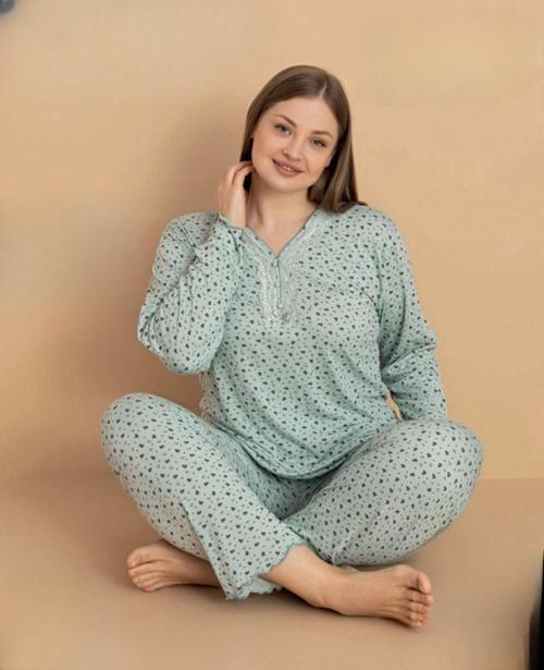 Kadın Büyük Beden Dantel Yaka Bambu Uzun Kol İnce Pijama Takımı 5670 - 1 Adet