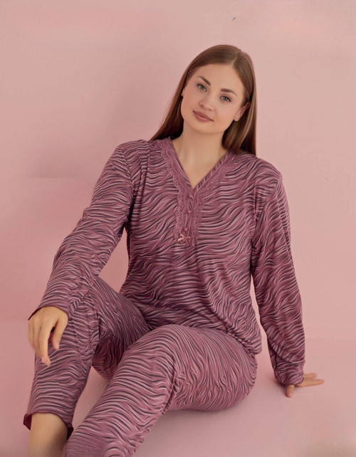Kadın Büyük Beden Dantel Yaka Bambu Uzun Kol Pijama Takımı 5071 - 1 Adet Gül Kurusu-2XL