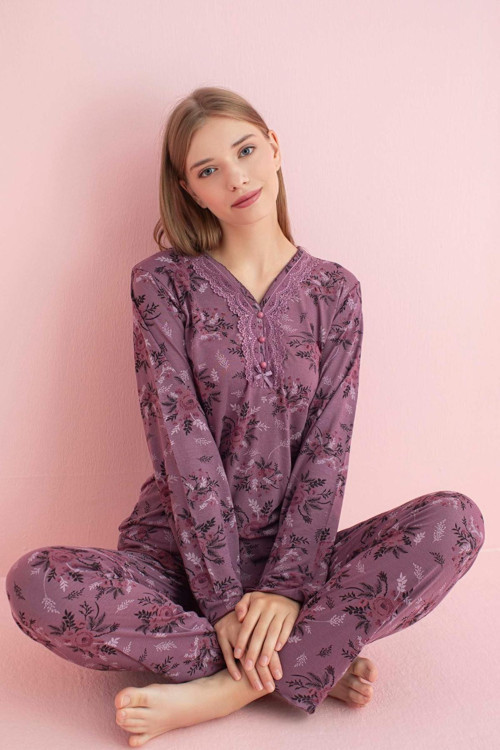 Kadın Dantel Yaka Bambu Uzun Kol Pijama Takımı 5205 - 1 Adet Mürdüm-M