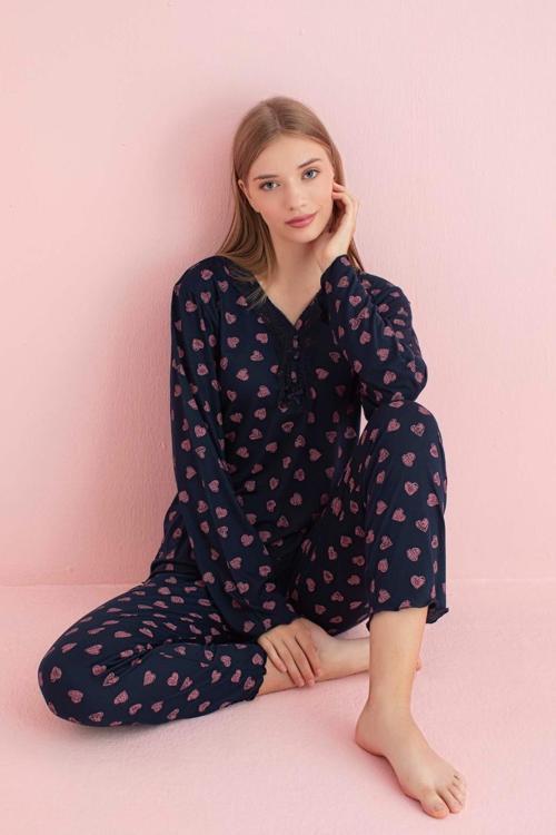 Kadın Dantel Yaka Bambu Uzun Kol Pijama Takımı 5209 - 1 Adet Koyu Lacivert-XL