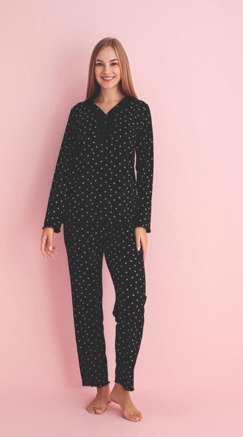 Kadın Dantel Yaka Bambu Uzun Kol Pijama Takımı 5211 - 1 Adet Siyah-M