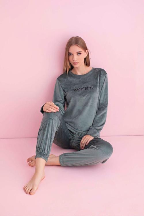 Kadın Kışlık Bisiklet Yaka Kadife Pijama Takımı 3036Y - 1 Adet Su Yeşil-S