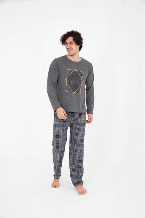 Erkek Pamuk'lu Uzun Kol İnce Pijama Takımı 1000 - 1 Adet Füme-XL