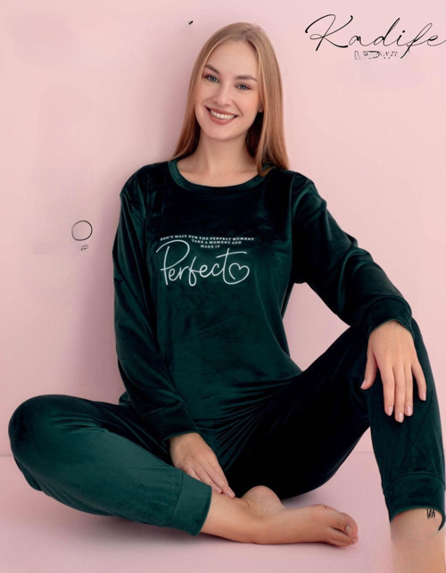 Kadın Kışlık Bisiklet Yaka Kadife Pijama Takımı 3010Y - 1 Adet Koyu Yeşil-L