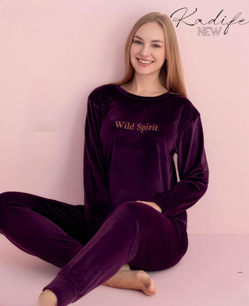 Kadın Kışlık Bisiklet Yaka Kadife Pijama Takımı 3015M - 1 Adet Mor-L