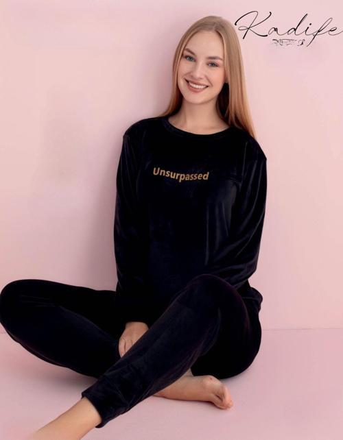 Kadın Kışlık Bisiklet Yaka Kadife Pijama Takımı 3012 - 1 Adet Siyah-XL