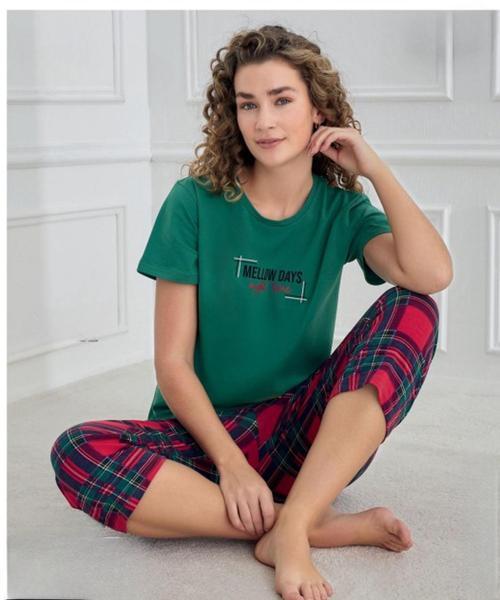 Kadın Bisiklet Yaka COMPACT PENYE Likralı KAPRİ Kısa Kol Pijama Takımı 90753Y - 1 Adet Yeşil-2XL