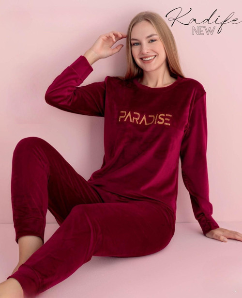 Kadın Kışlık Bisiklet Yaka Kadife Pijama Takımı 3017B - 1 Adet Bordo-XL
